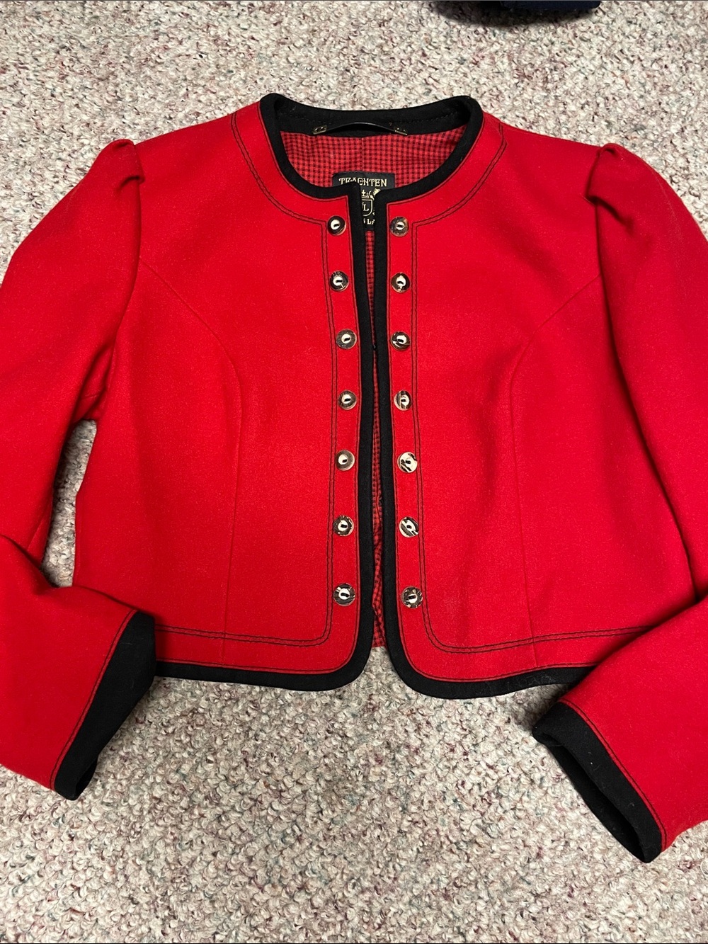 Vintage wool by Julias lang Red Cropped band style jacket with Black Trim
